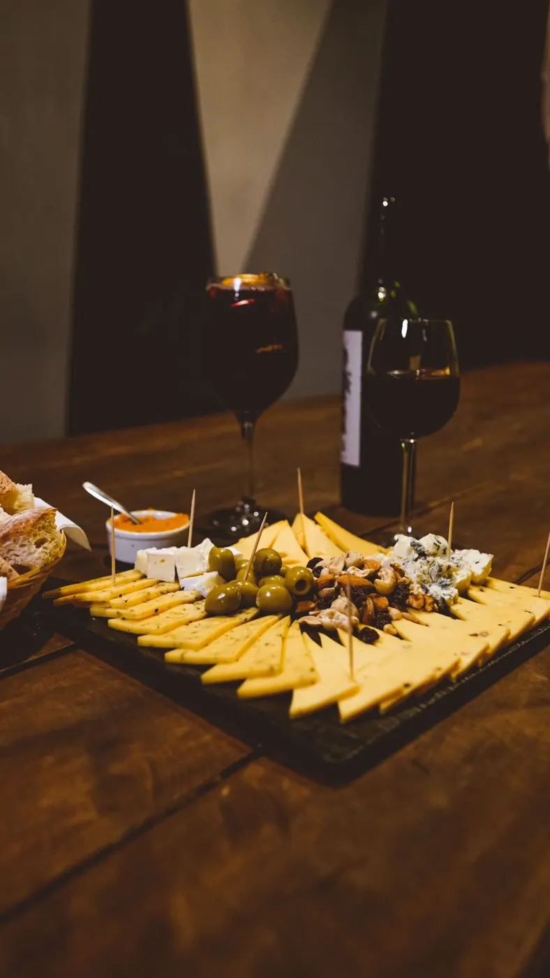 Tabla de quesos con aceitunas, frutos secos y vino tinto